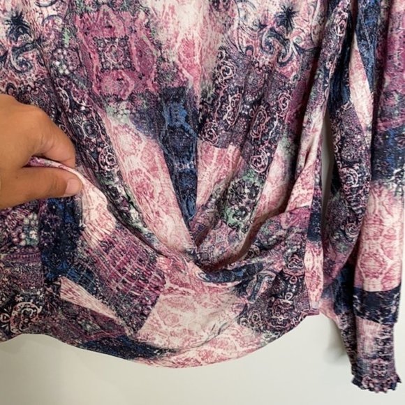 INC INTERNATIONAL CONCEPTS Purple Twist Front Draped Long Sleeve Blouse Medium - Picture 3 of 10